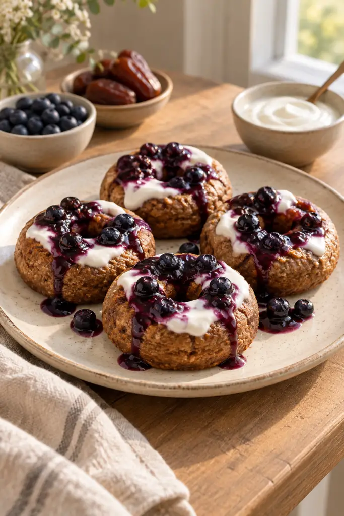 Breakfast doughnuts with blueberries and yoghurt