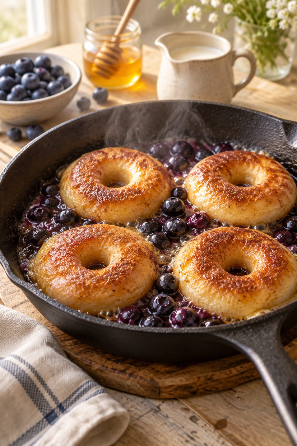 Breakfast doughnuts browning with blueberries in a skillet