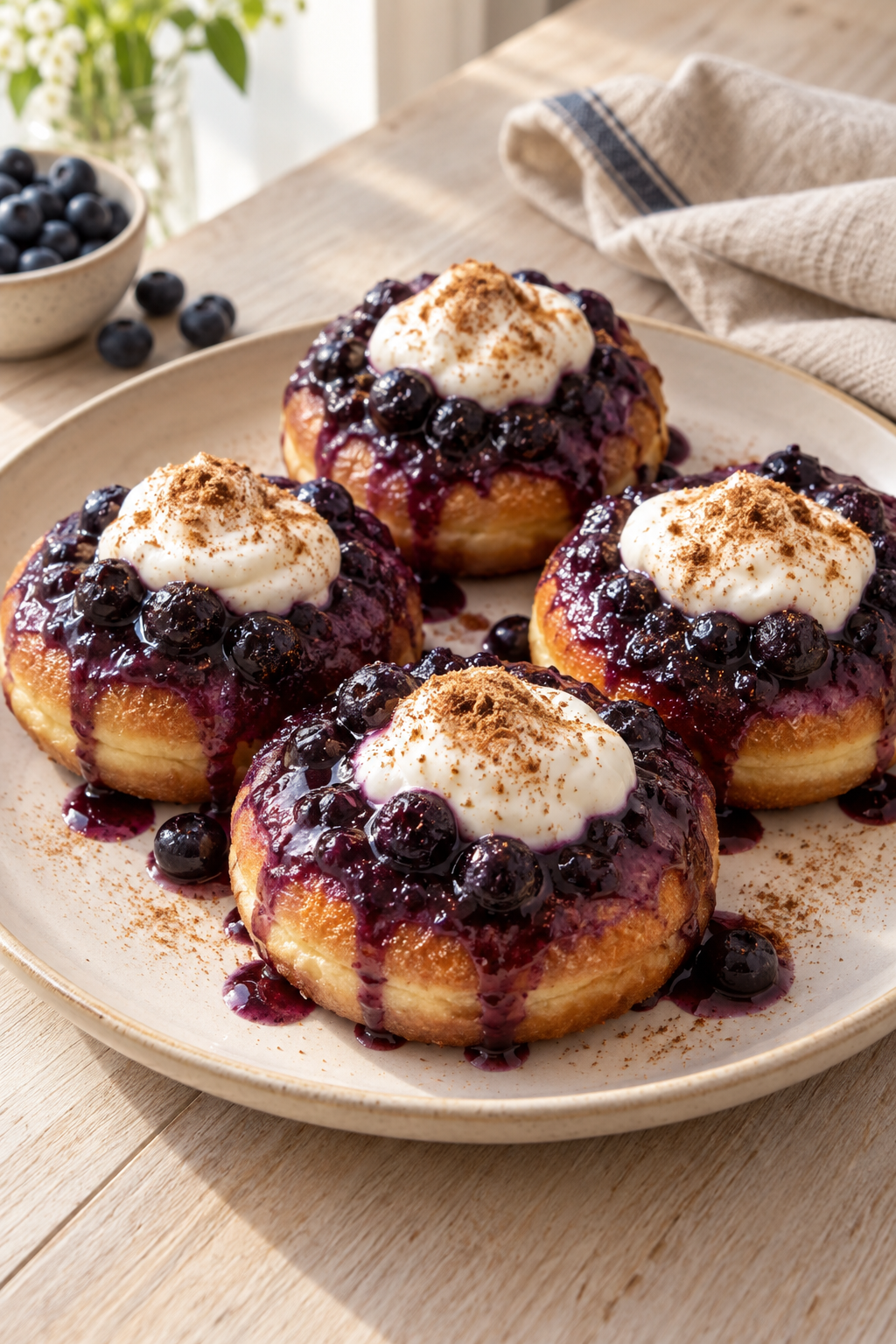 Breakfast doughnuts with glossy blueberries and Greek yoghurt