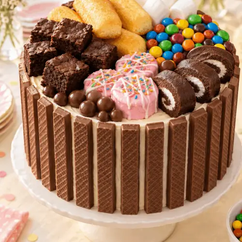 candy cake decorated with colorful snack cakes and candy
