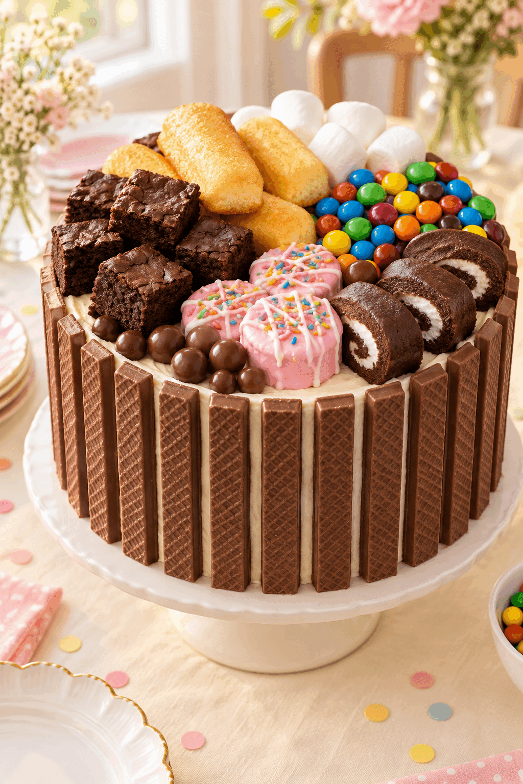 candy cake decorated with colorful snack cakes and candy
