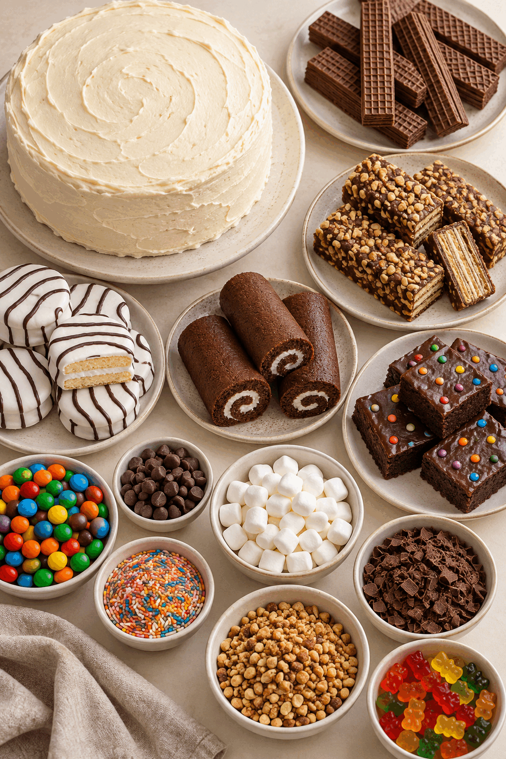 candy cake ingredients measured and arranged