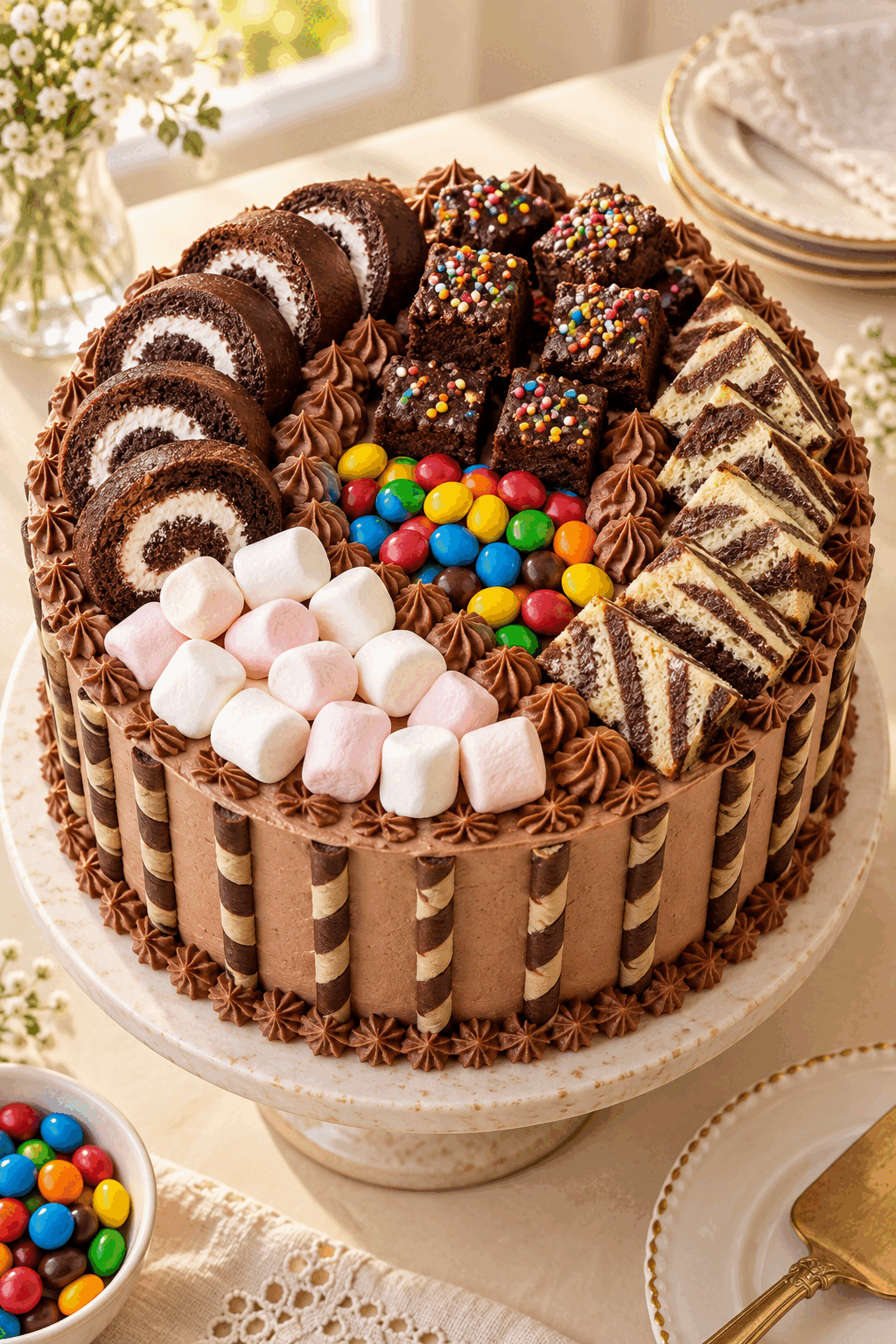 finished candy cake with colorful snack cake sections