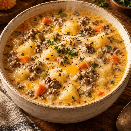 cheeseburger soup finished dish