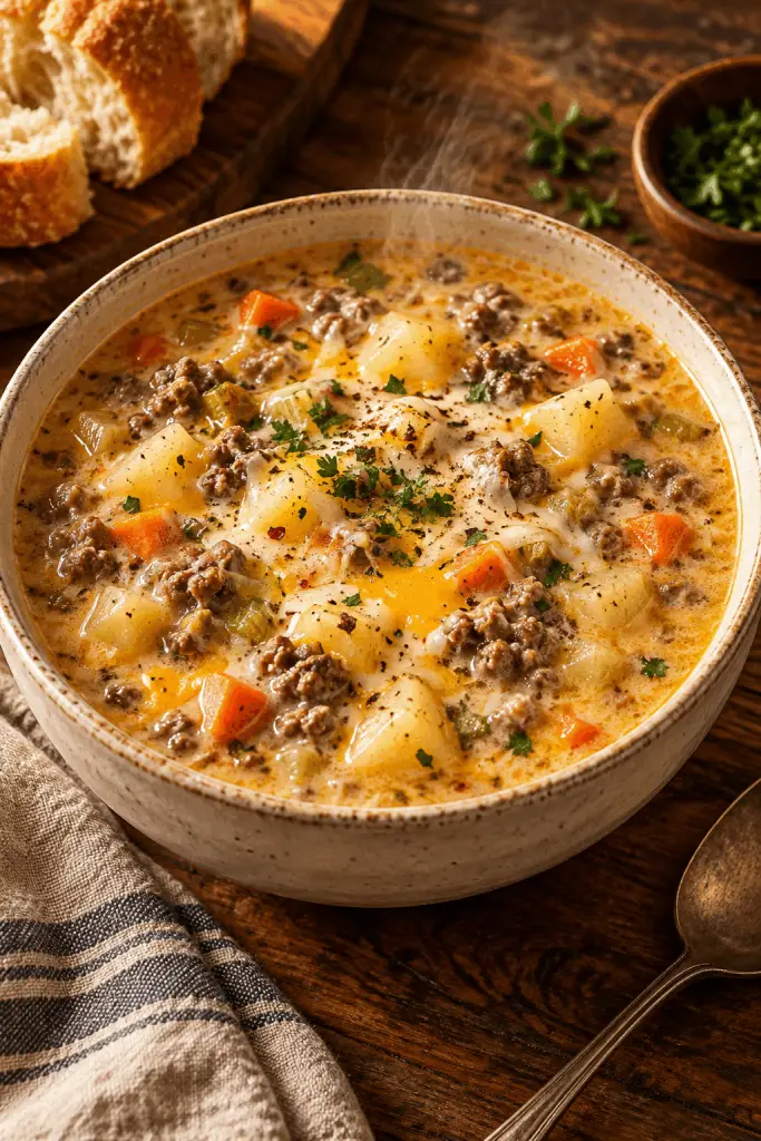 cheeseburger soup finished dish