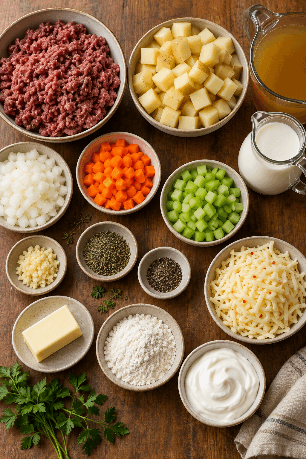 Ingredients arranged for cheeseburger soup
