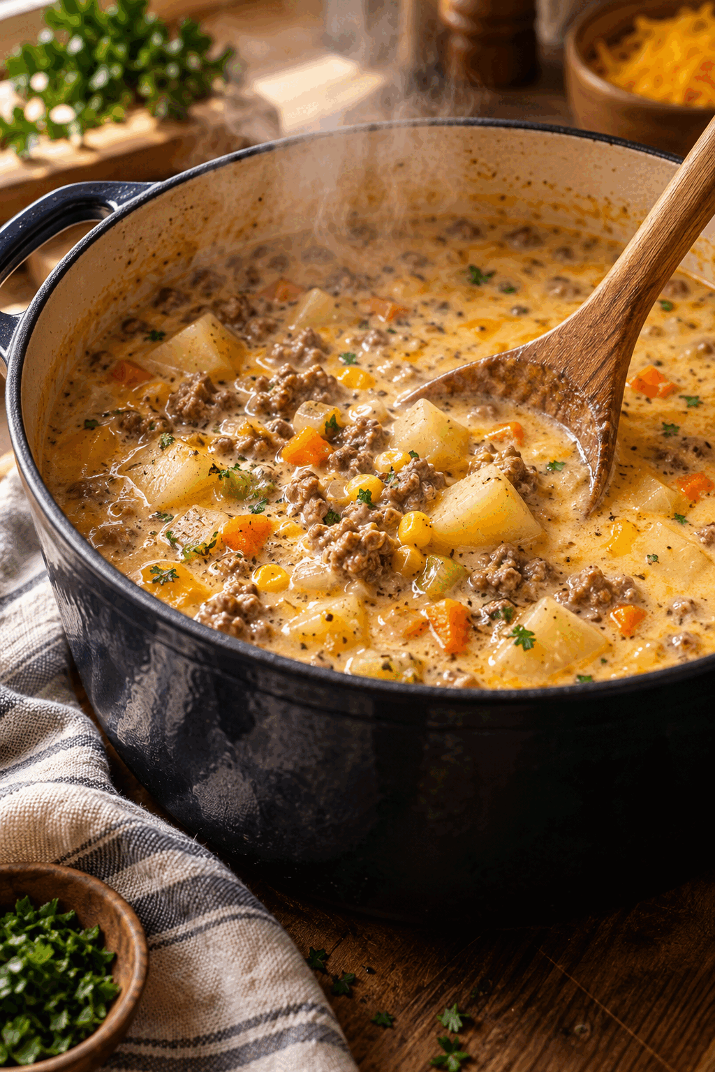Cheeseburger soup simmering with potatoes and vegetables