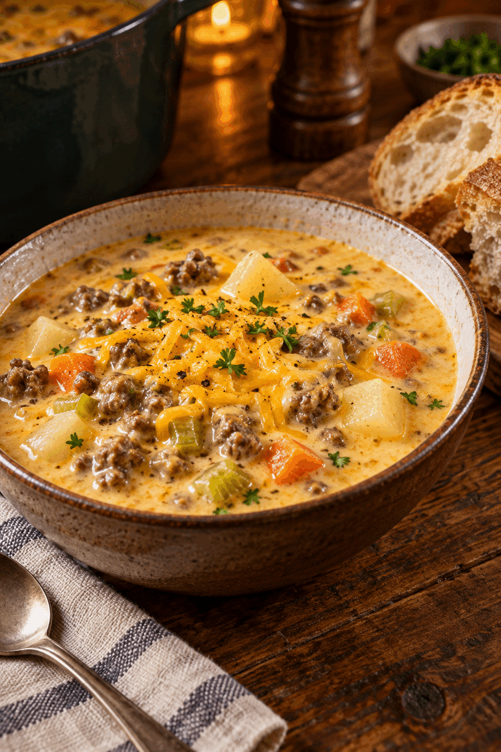 Creamy finished cheeseburger soup in a serving bowl