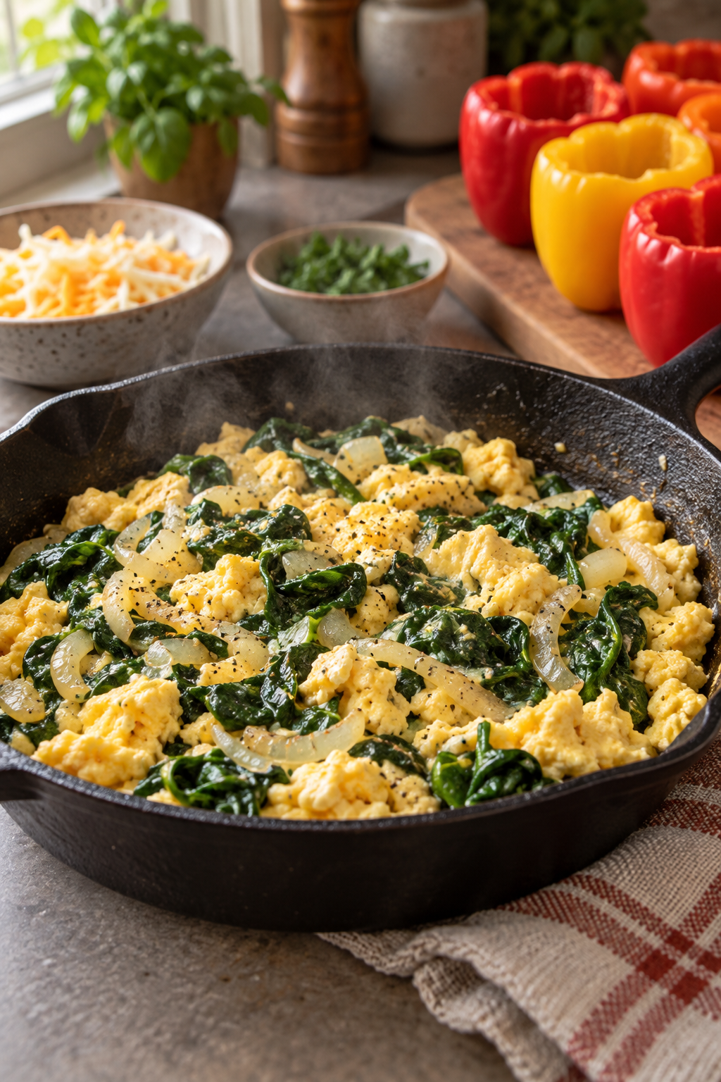 Preparing the egg filling for cheesy egg stuffed peppers