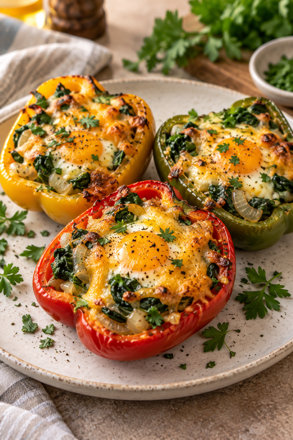 Finished cheesy egg stuffed peppers with melted cheddar