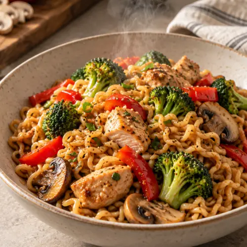 Chicken ramen with chicken, noodles, and vegetables