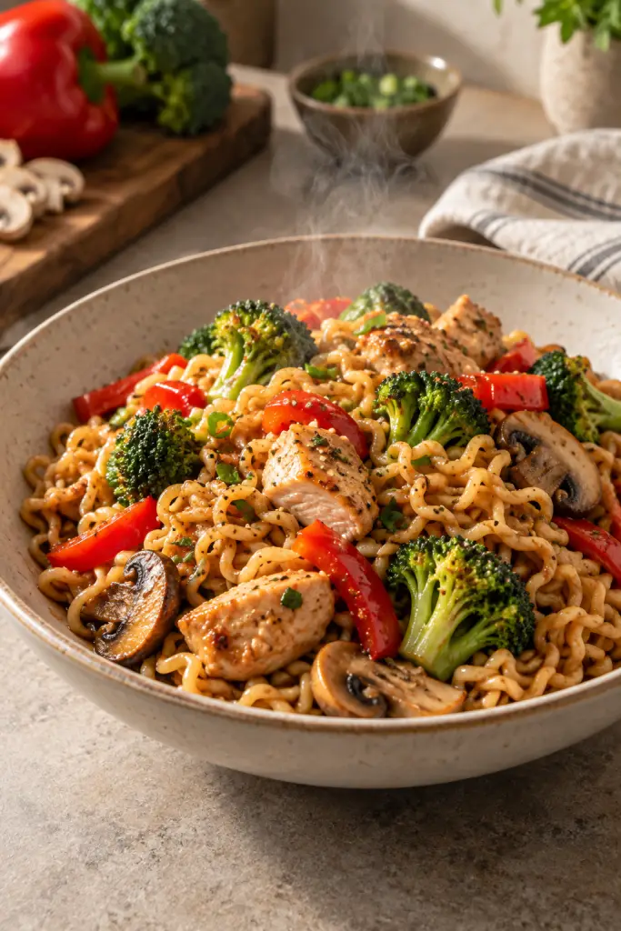 Chicken ramen with chicken, noodles, and vegetables