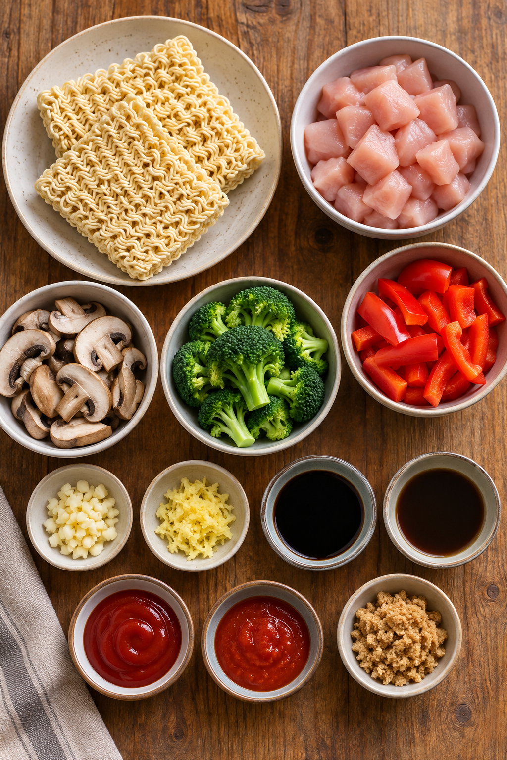 Chicken ramen ingredients arranged for cooking