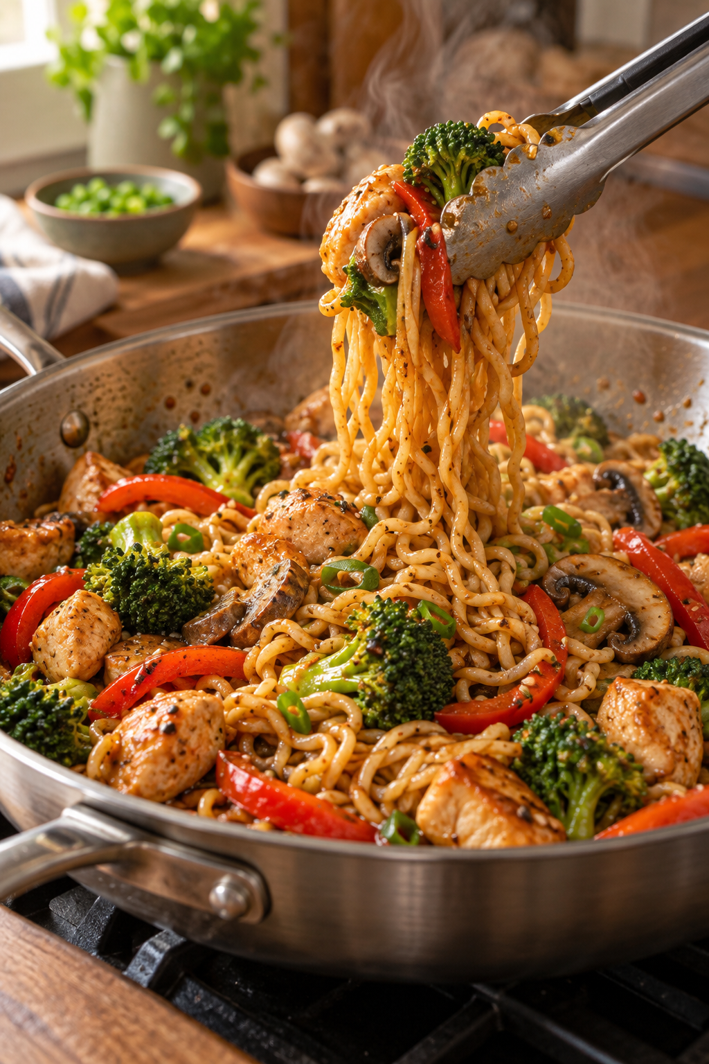 Chicken ramen cooking in a skillet