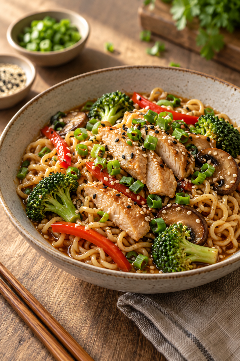 Saucy chicken ramen ready to serve