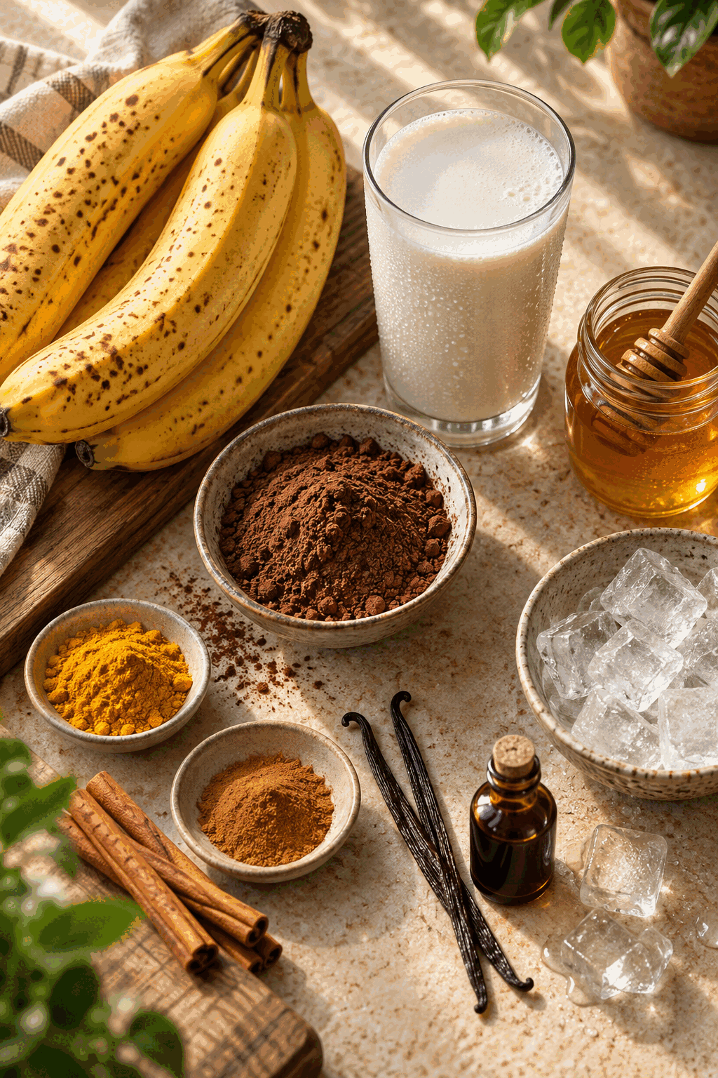 chocolate banana shake ingredients measured and arranged
