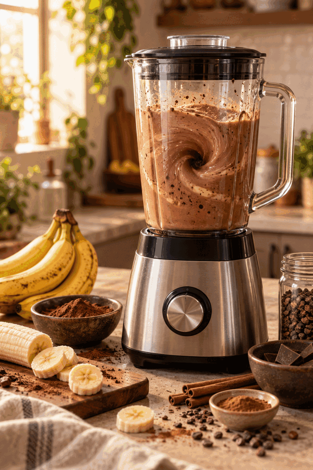 chocolate banana shake blending in progress