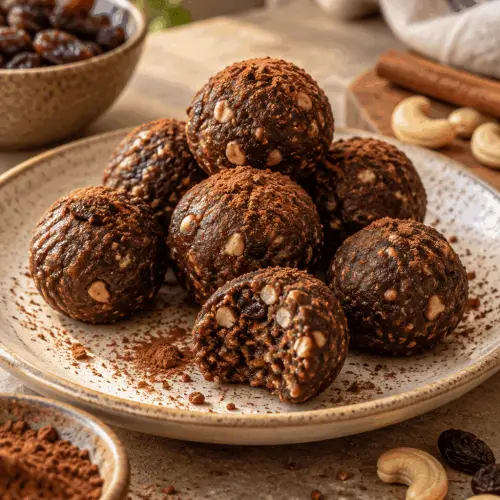 Chocolate brownie energy bites on a warm editorial plate
