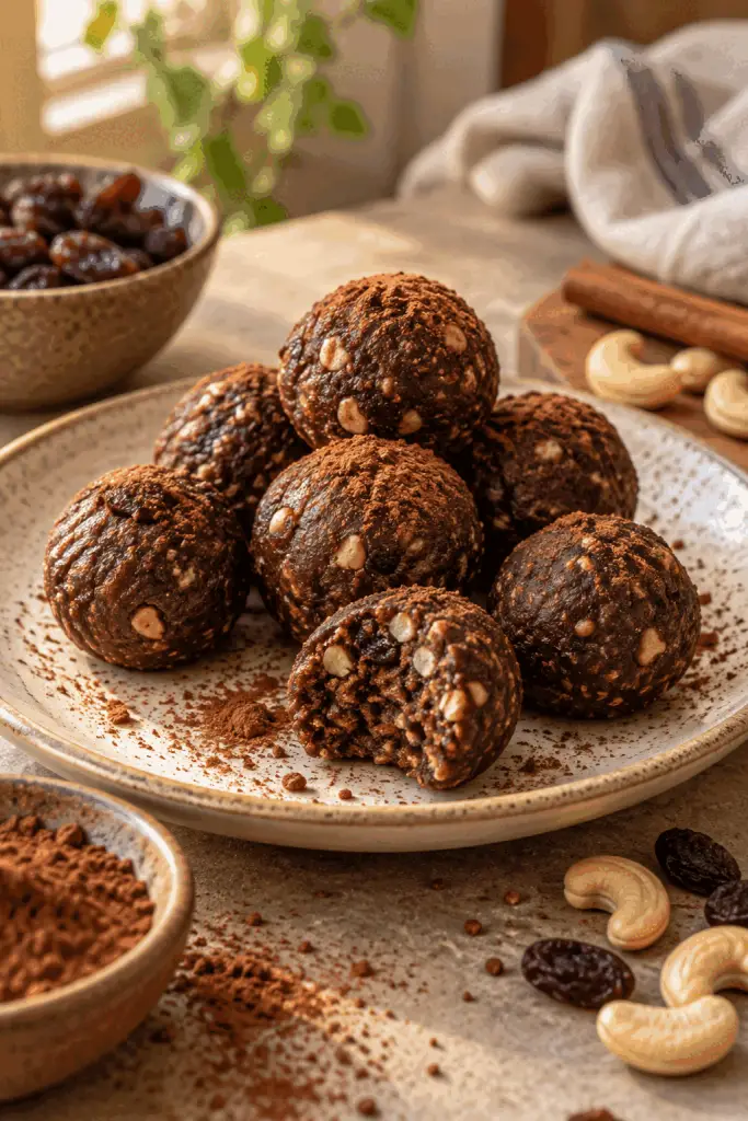 Chocolate brownie energy bites on a warm editorial plate