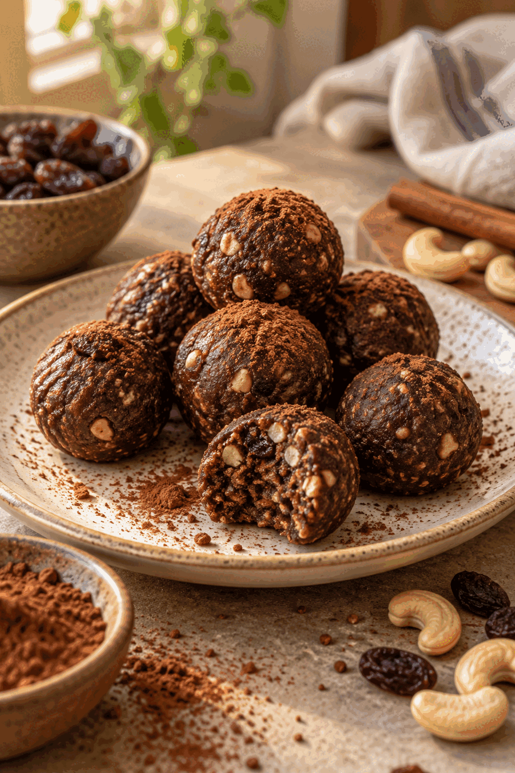Chocolate brownie energy bites on a warm editorial plate
