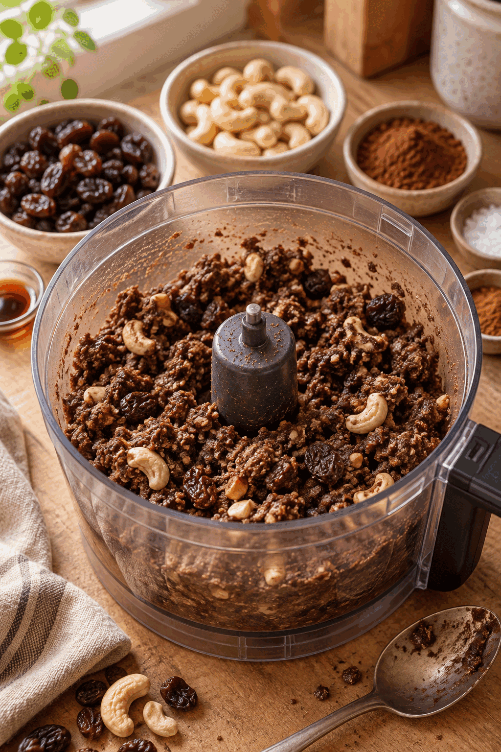 Food processor mixture for chocolate brownie energy bites
