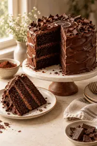 Slice of moist chocolate cake with chocolate buttercream