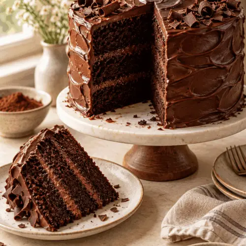 Slice of moist chocolate cake with chocolate buttercream