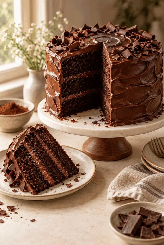 Slice of moist chocolate cake with chocolate buttercream