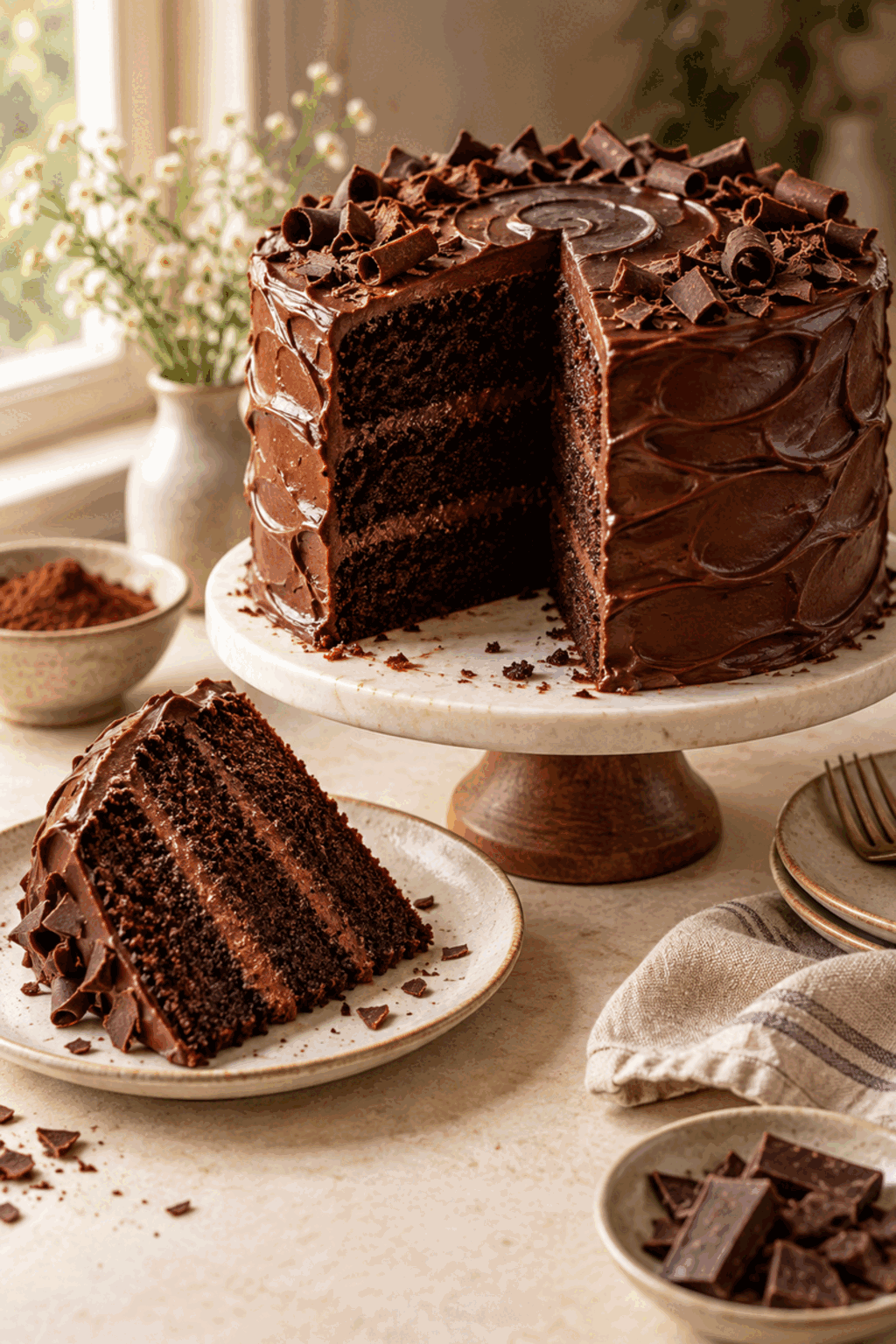 Slice of moist chocolate cake with chocolate buttercream