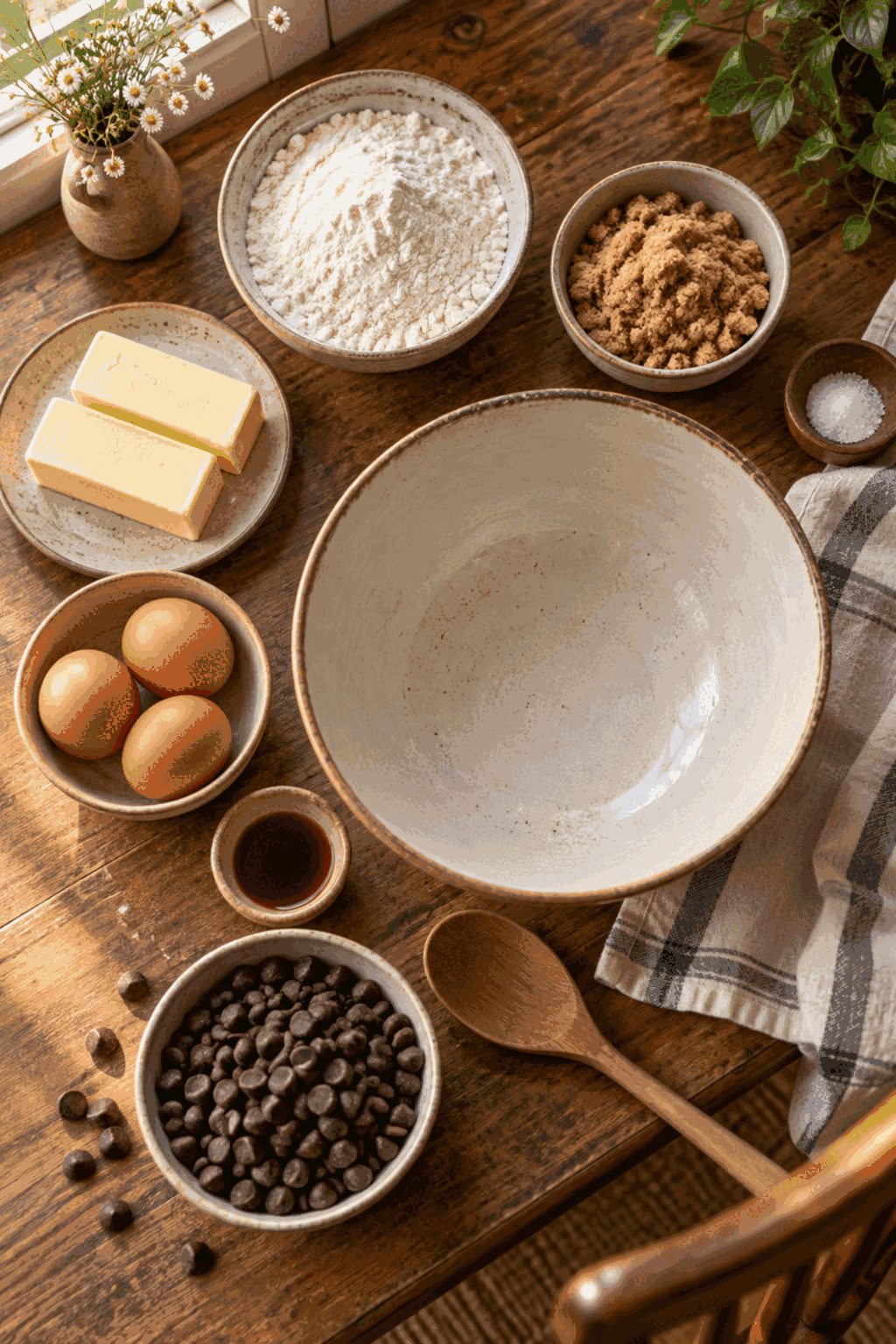 Chocolate chip cookie desserts ingredients measured and arranged