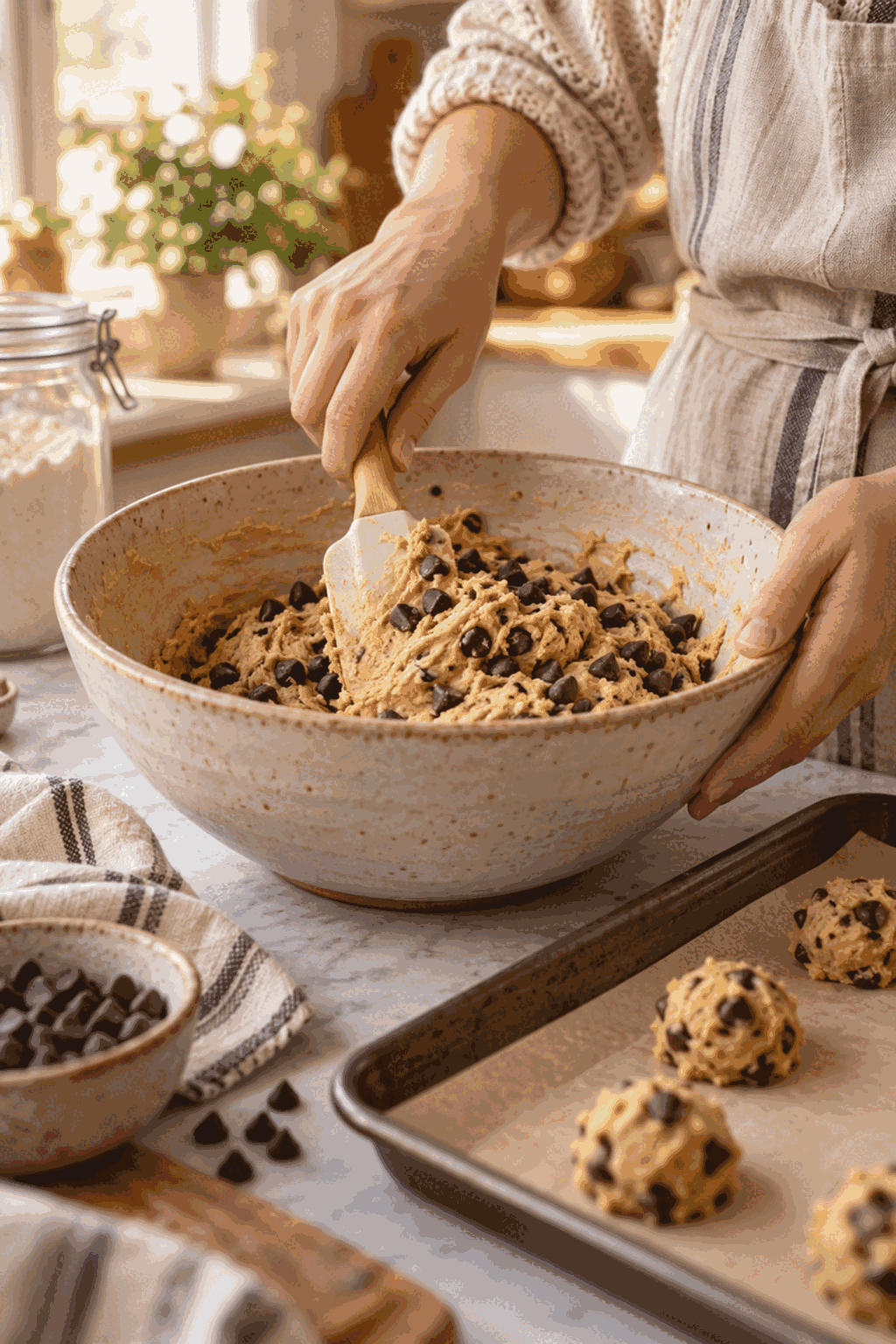 Chocolate chip cookie desserts dough preparation in a bowl