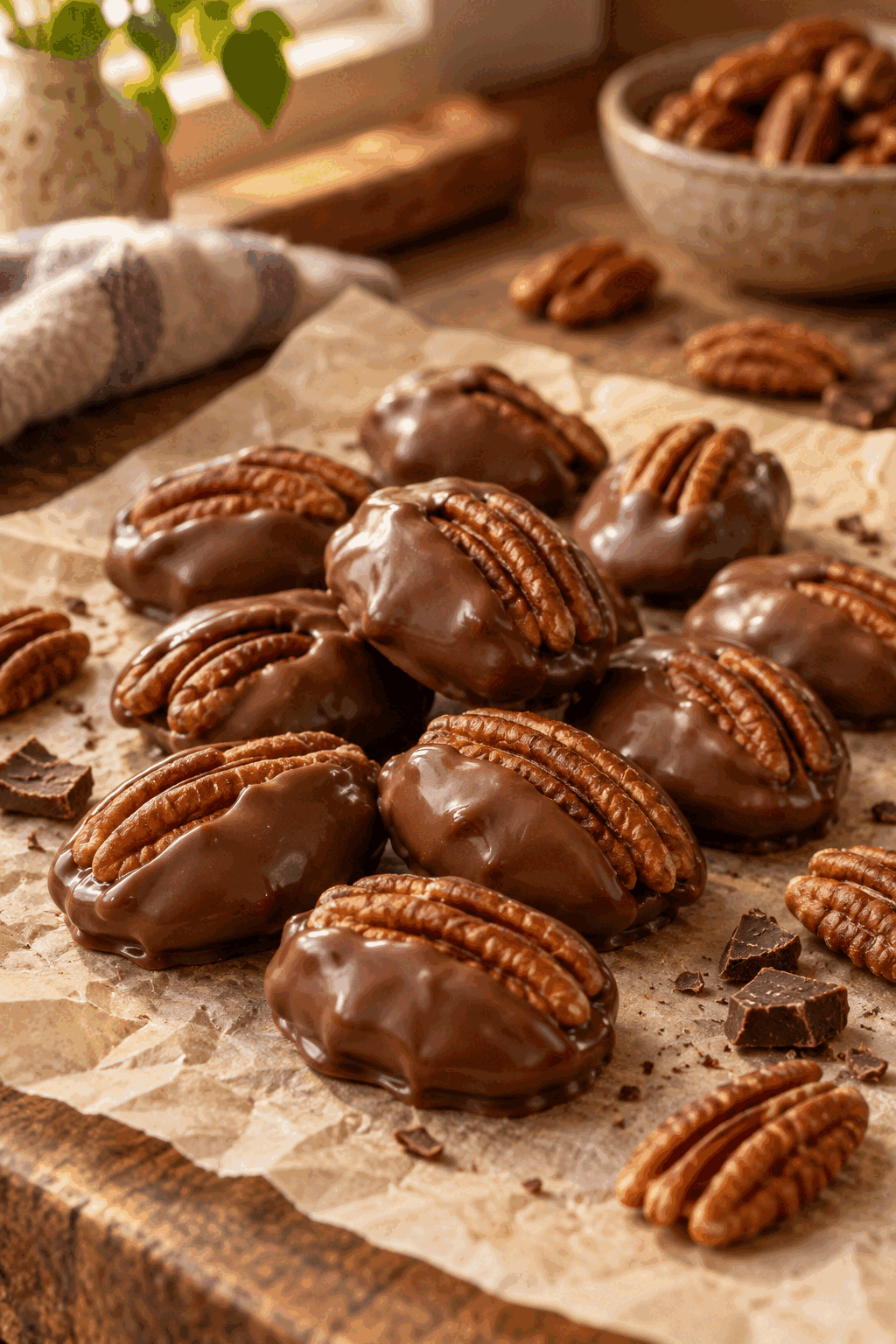 Chocolate covered pecans finished dish