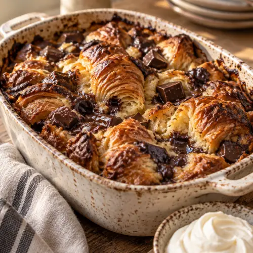 Chocolate croissant bread pudding with mascarpone cream
