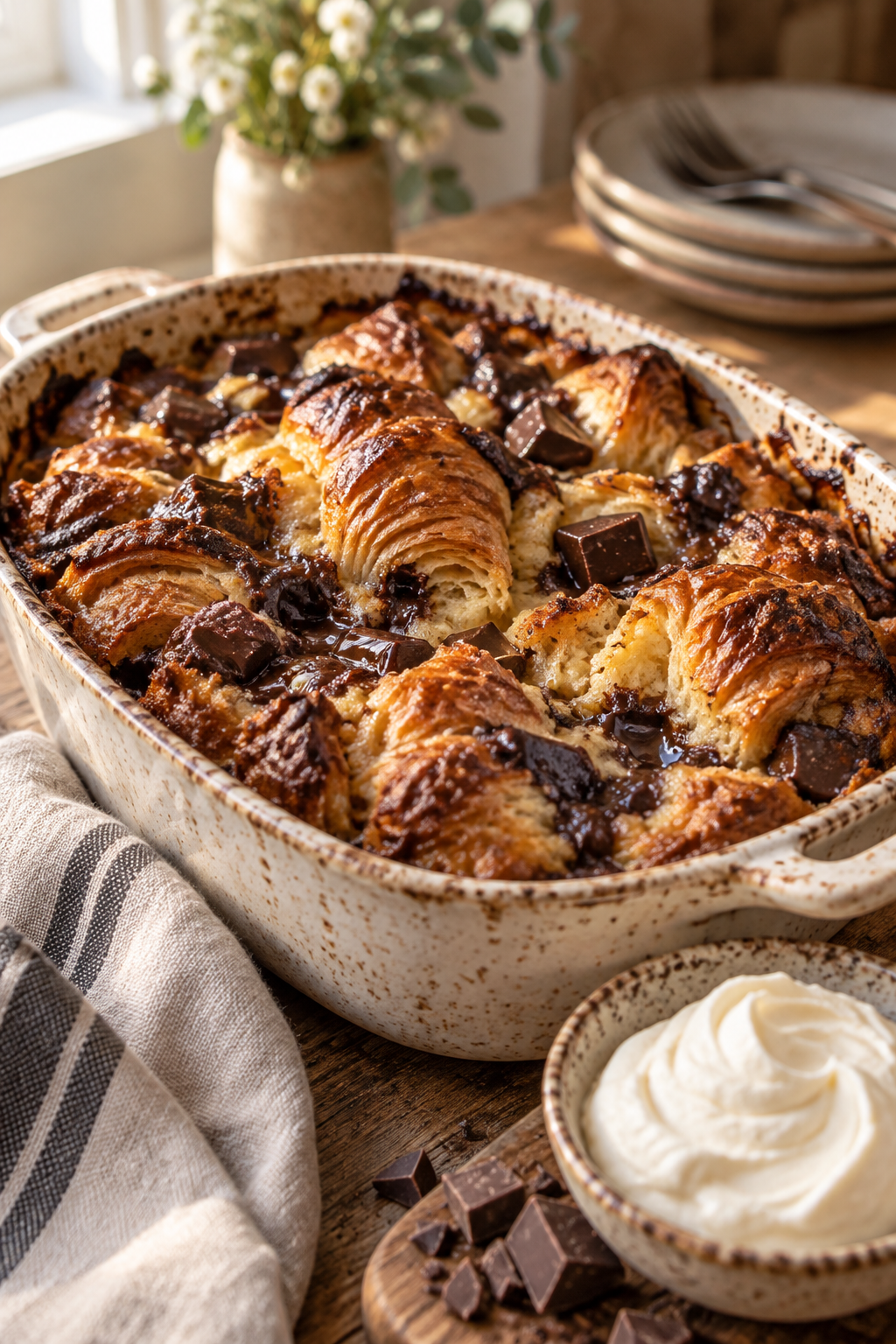 Chocolate croissant bread pudding with mascarpone cream