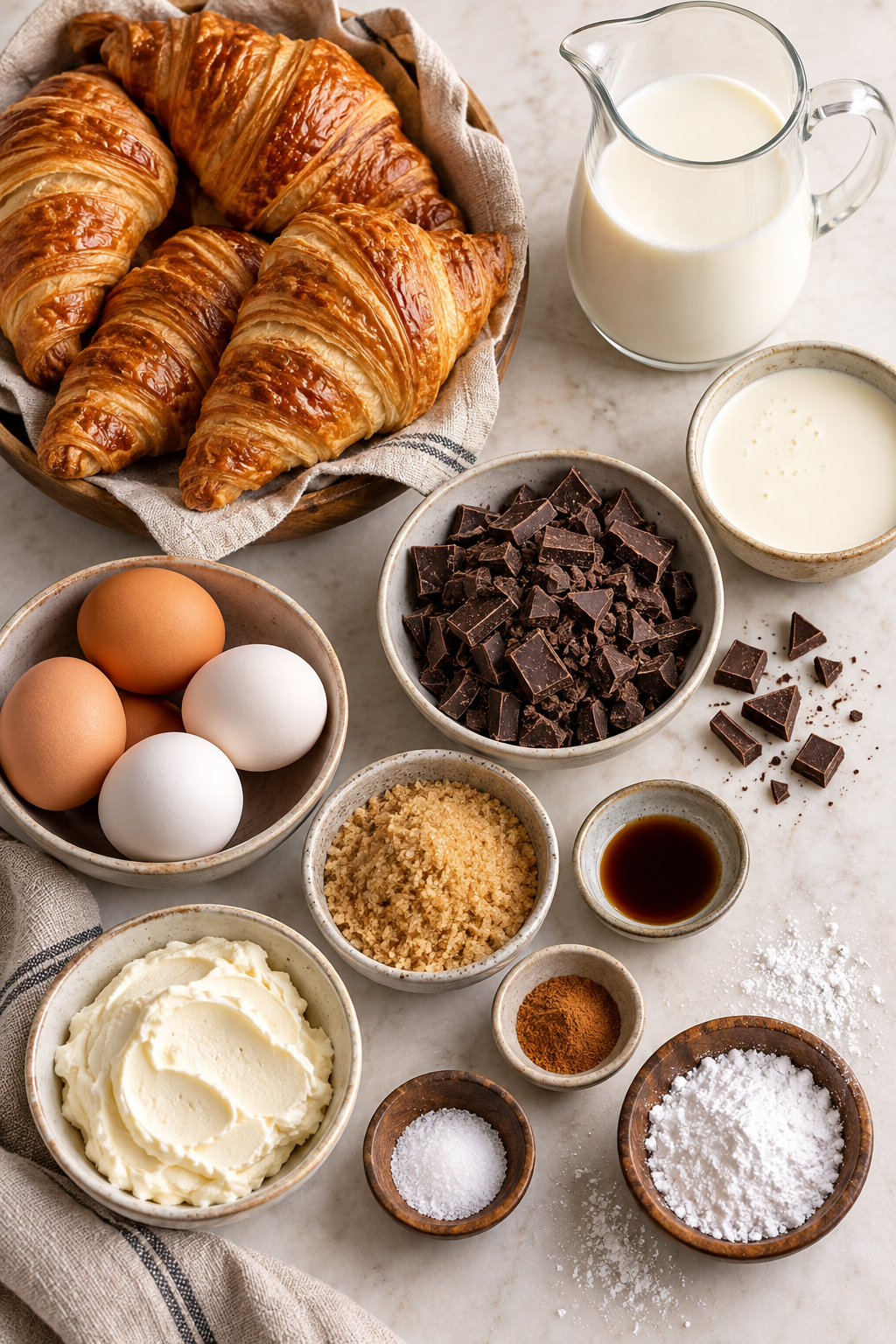 Ingredients for chocolate croissant bread pudding