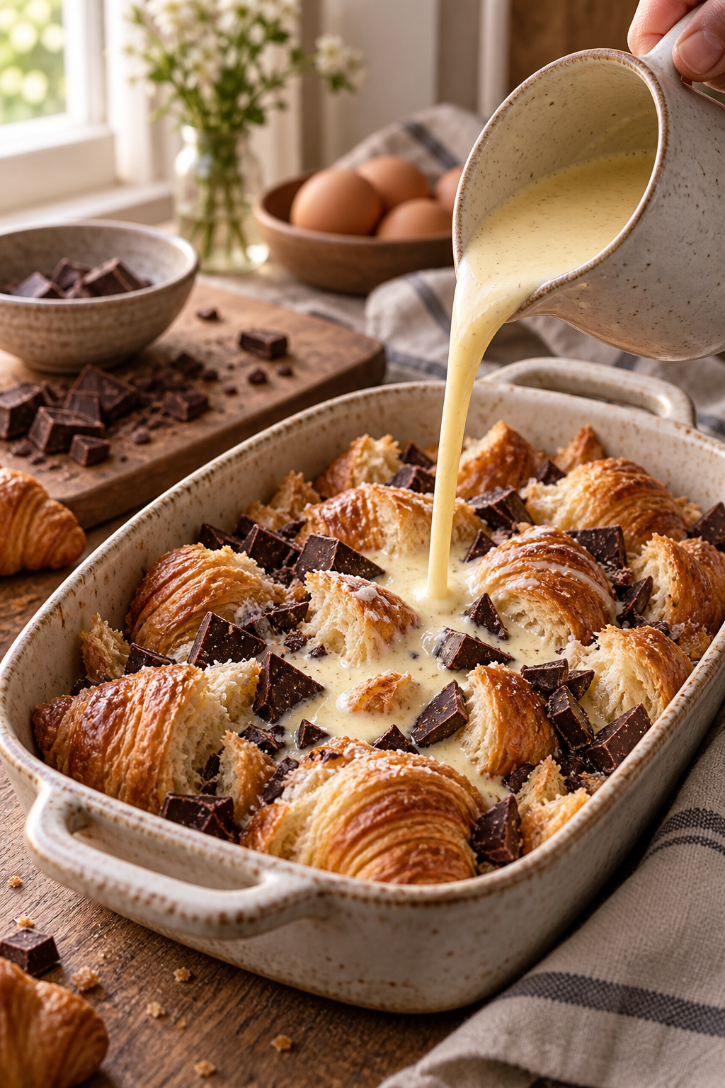 Custard-soaked croissants ready for chocolate bread pudding