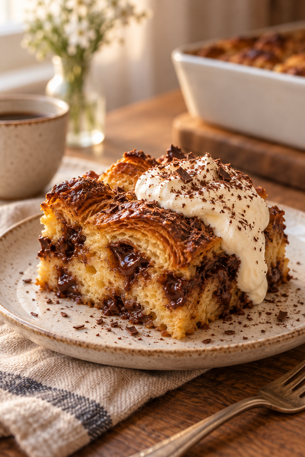 Warm chocolate croissant bread pudding served with mascarpone cream