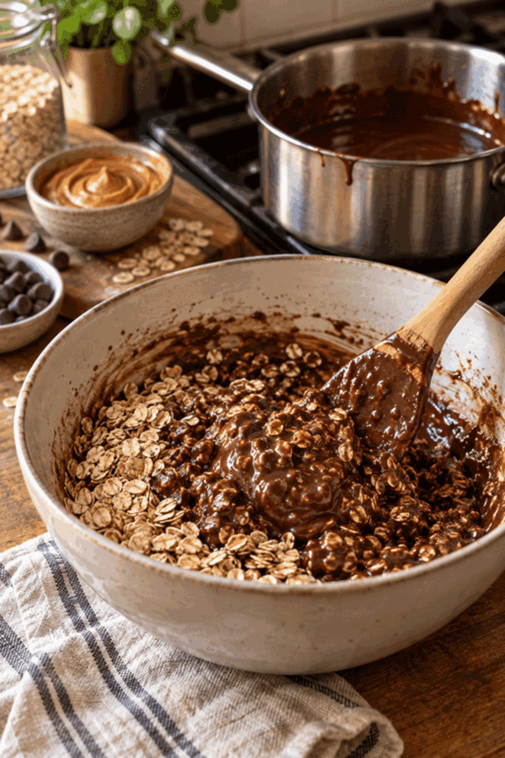 Chocolate peanut butter mixture being stirred with oats
