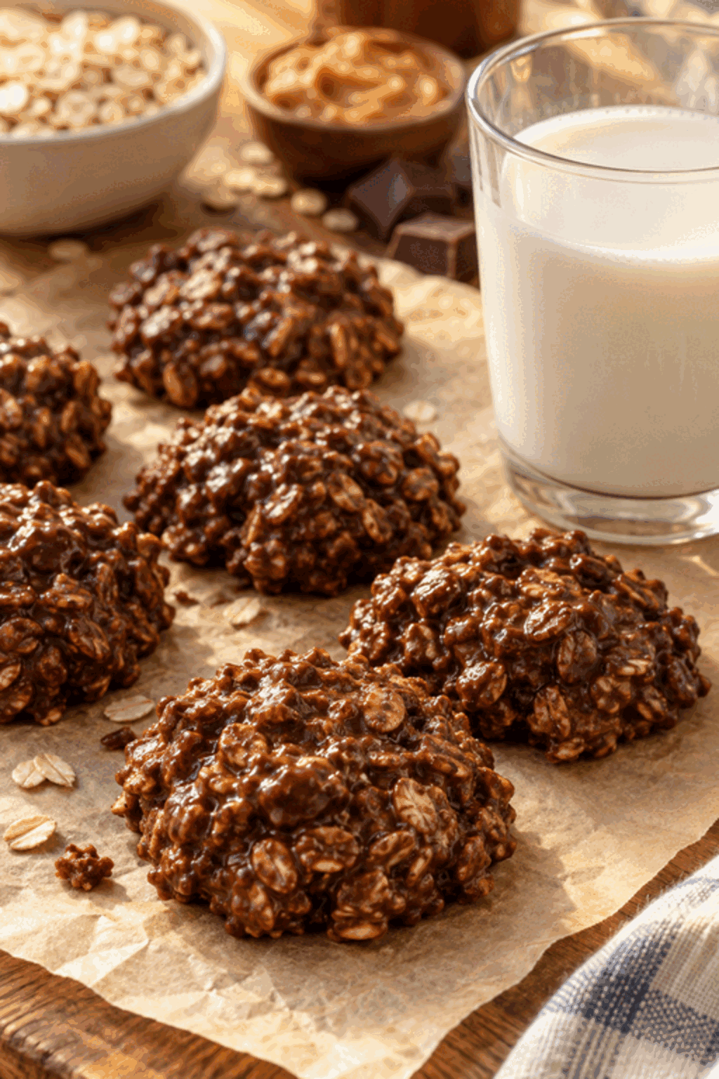 Chewy chocolate peanut butter no bake cookies on a plate