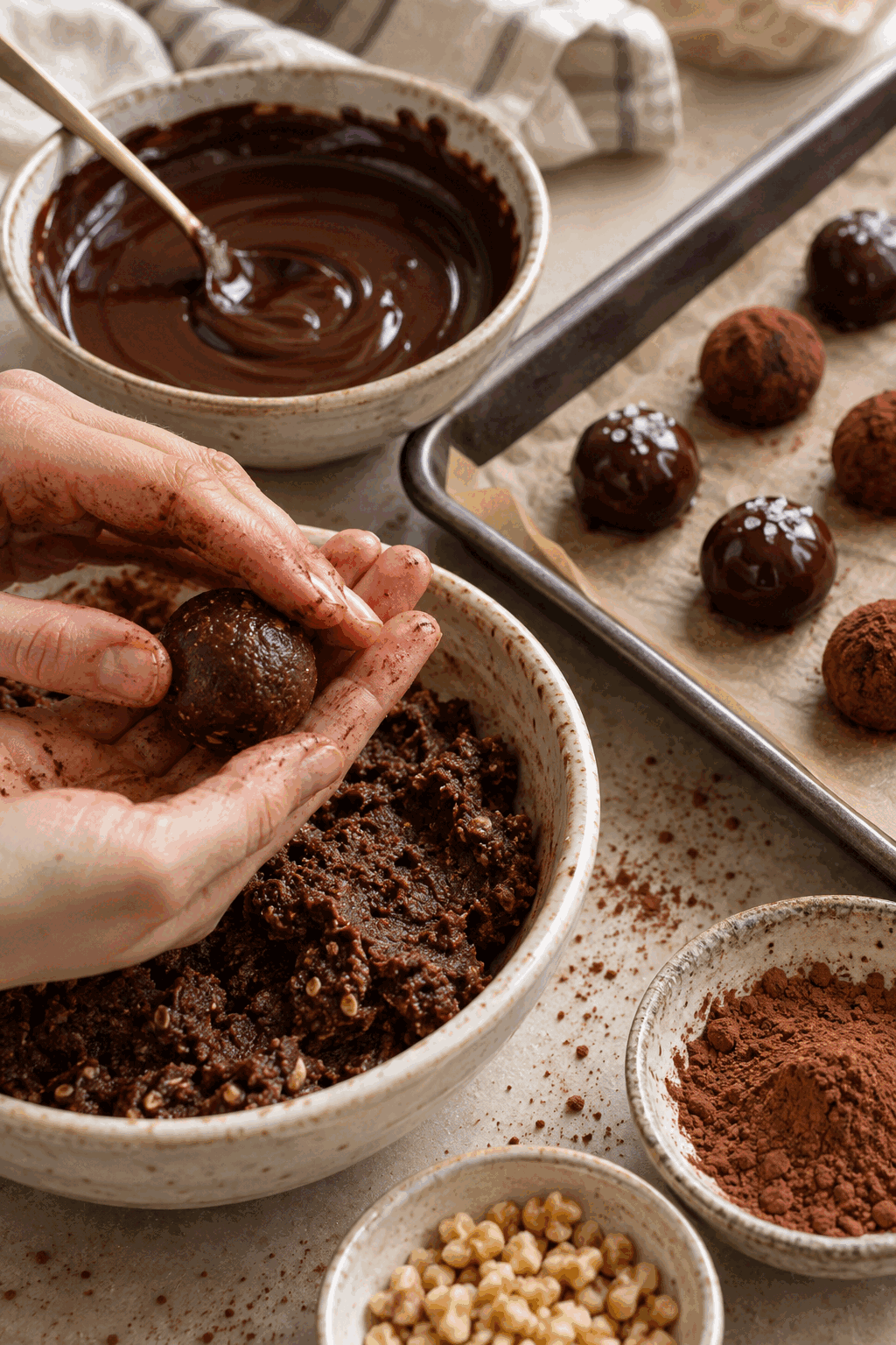 Rolling and dipping chocolate protein truffles
