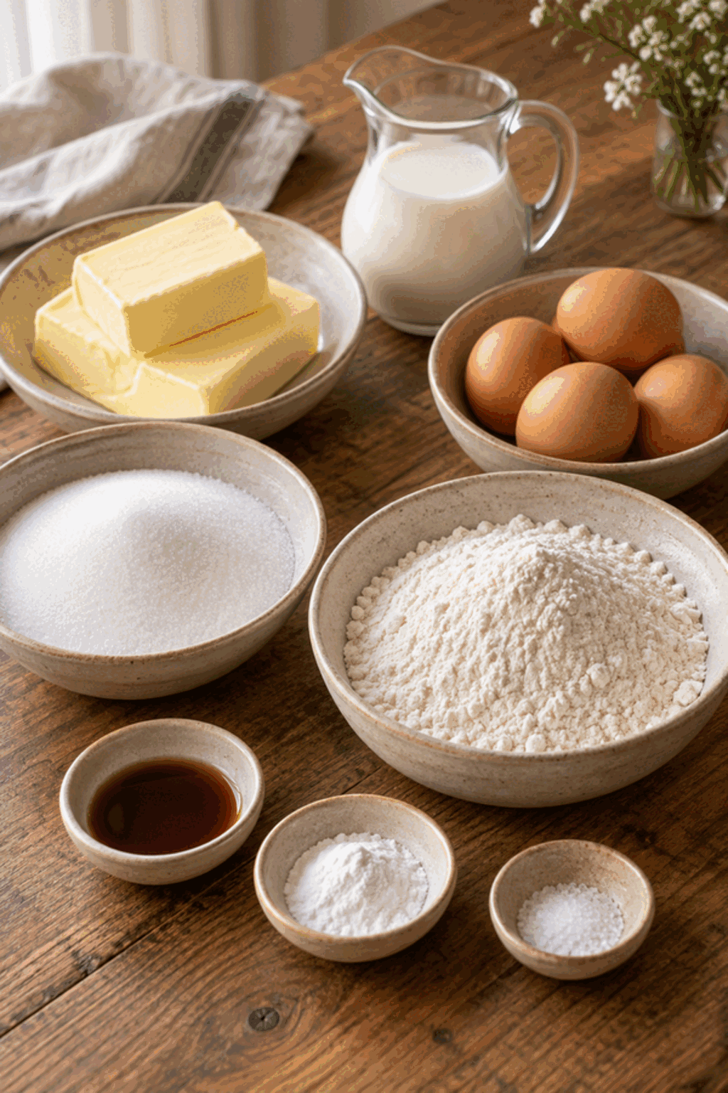 classic pound cake ingredients measured and arranged
