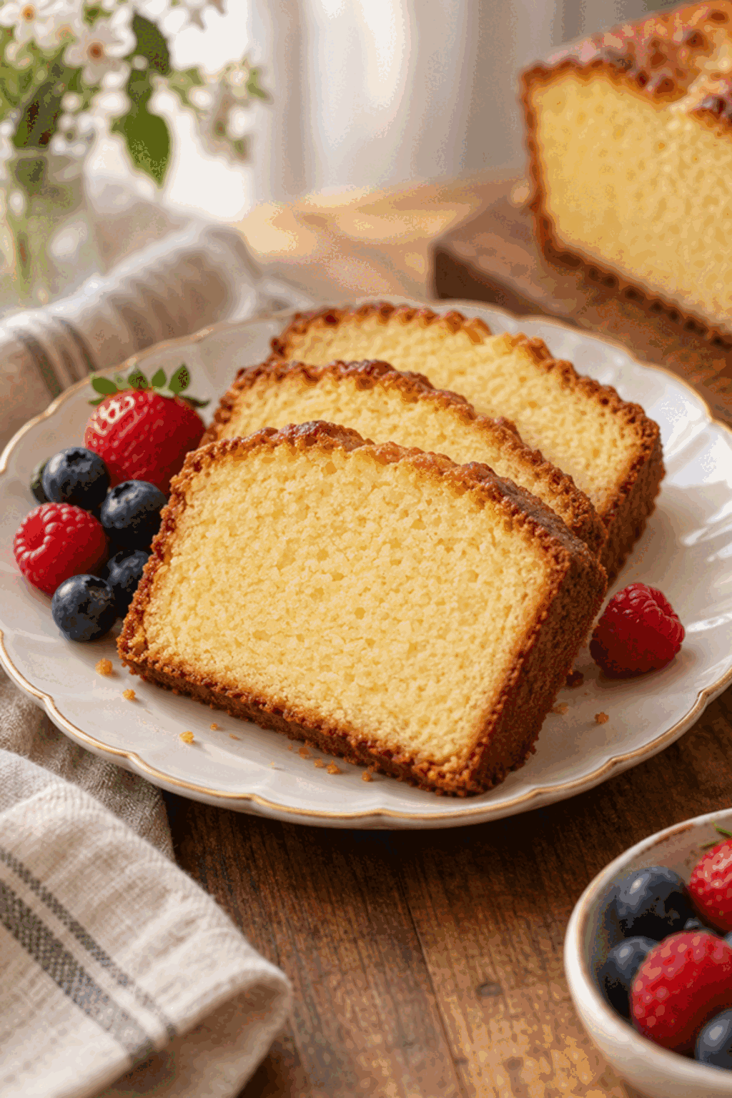 sliced classic pound cake on a serving plate