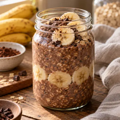 Cocoa banana overnight oats in a breakfast bowl