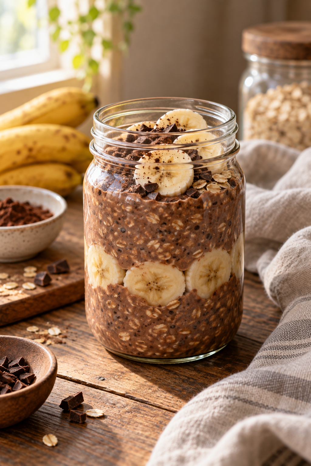 Cocoa banana overnight oats in a breakfast bowl