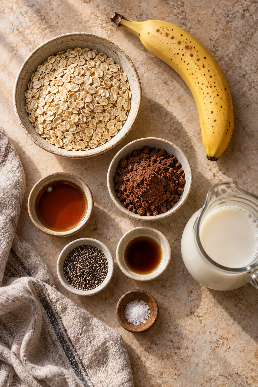 Ingredients for cocoa banana overnight oats arranged on a counter