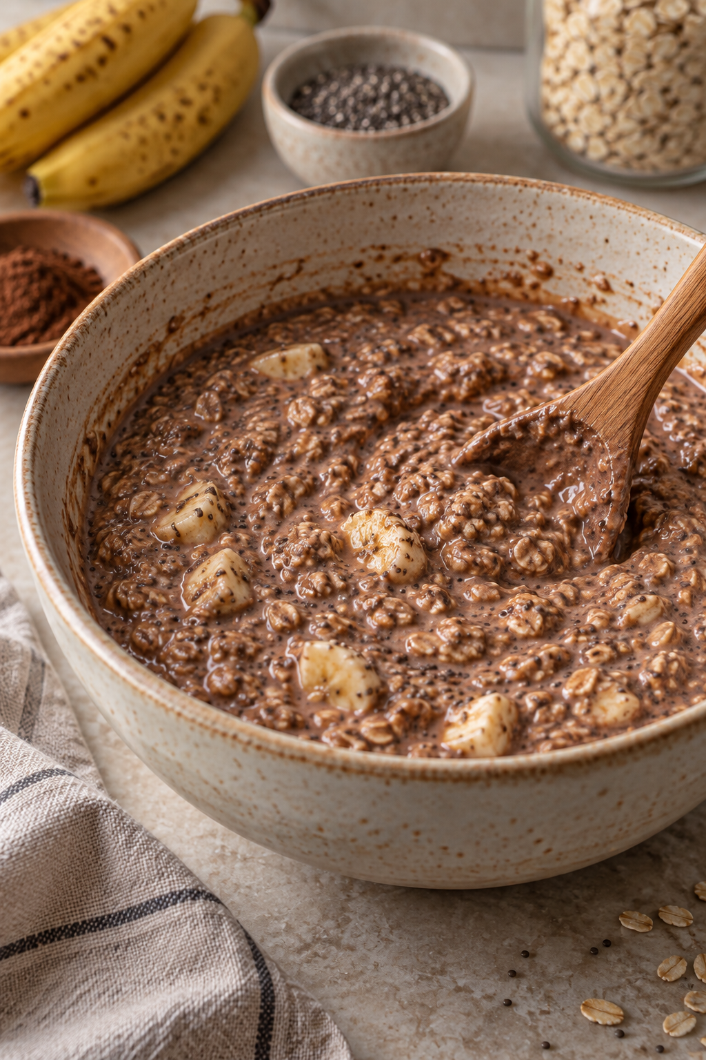Preparing cocoa banana overnight oats in a mixing bowl