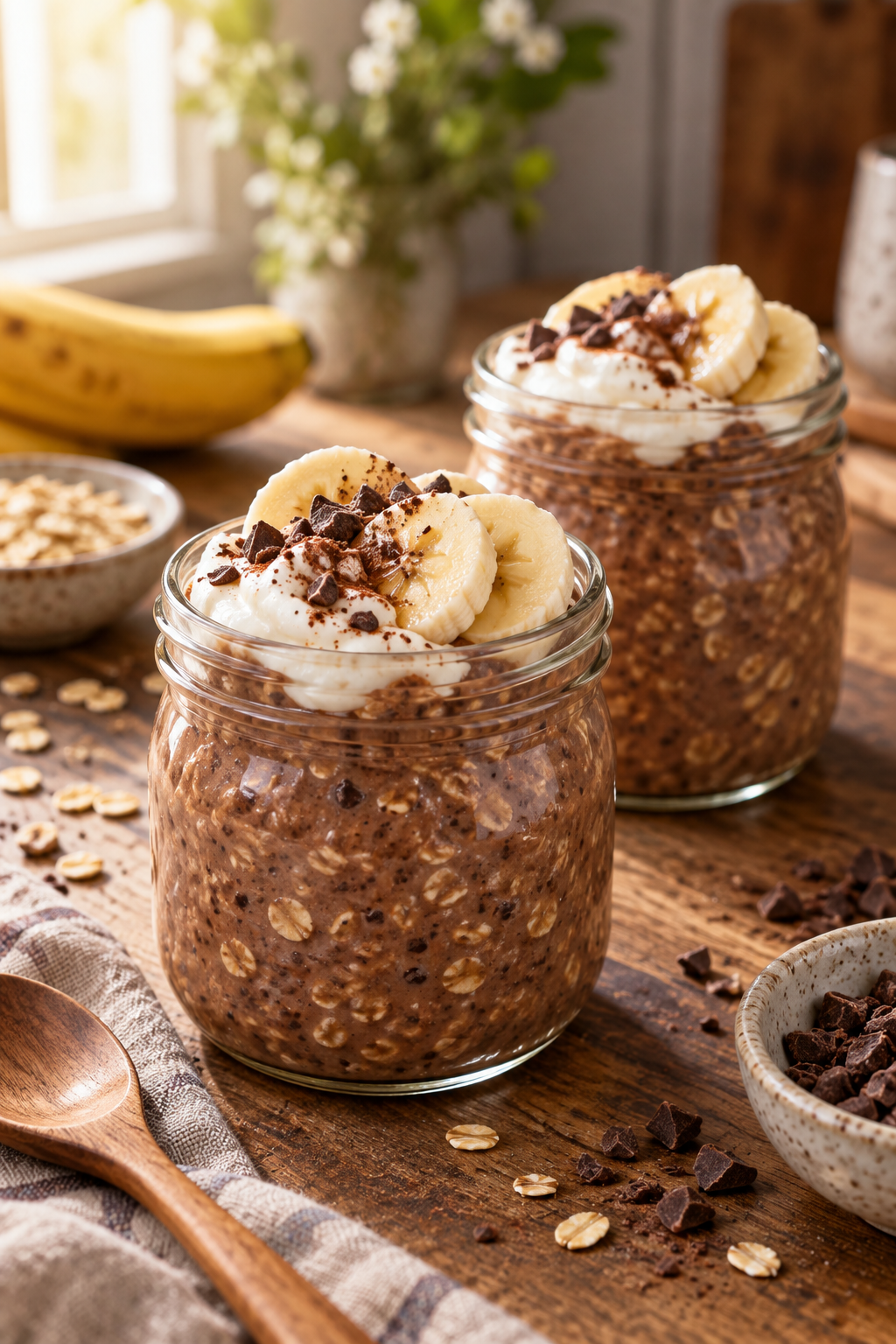 Finished cocoa banana overnight oats ready to serve