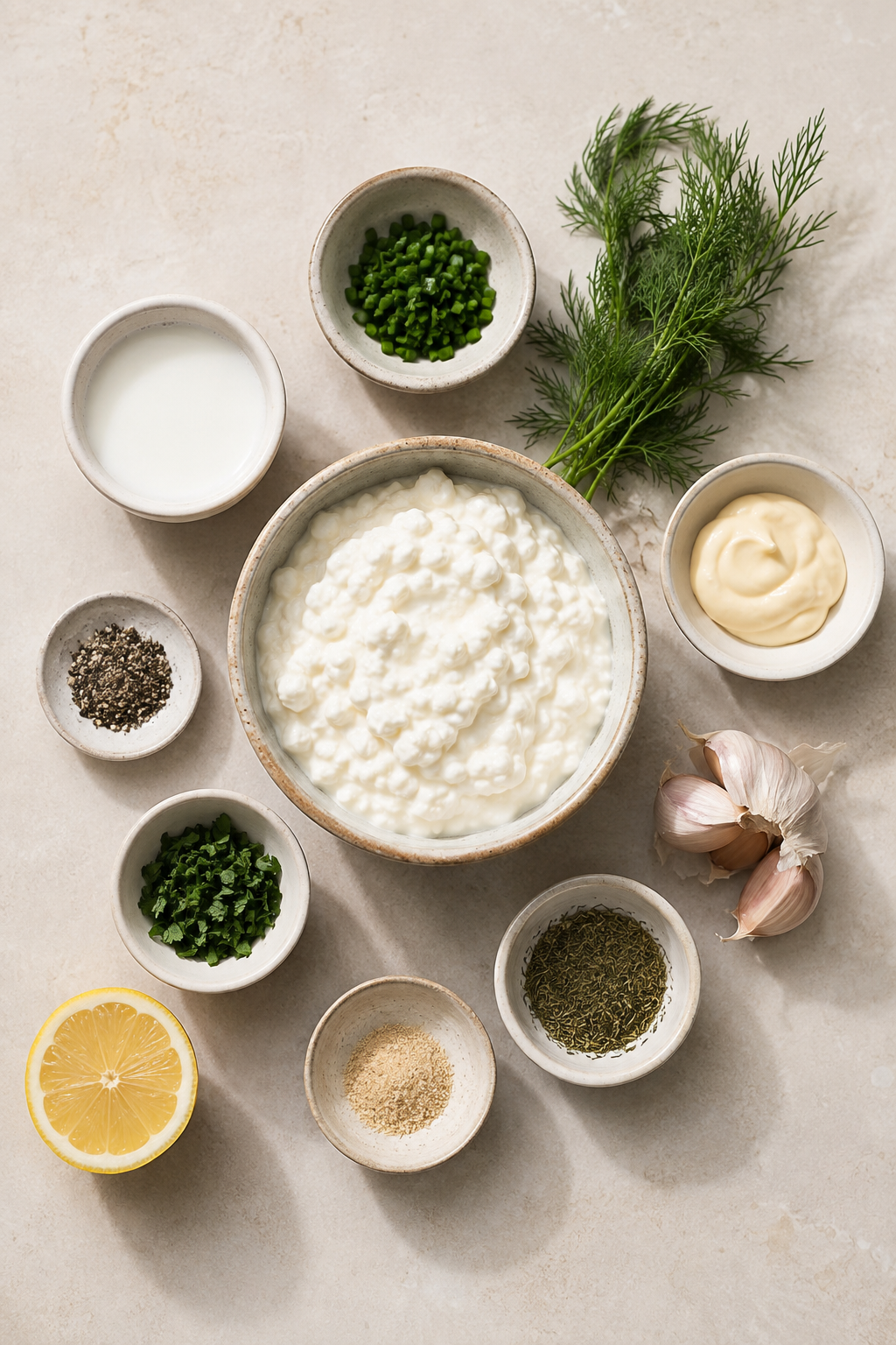 Ingredients measured for cottage cheese ranch dressing