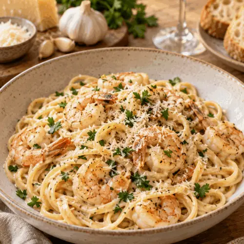 Creamy garlic shrimp pasta with Parmesan and parsley