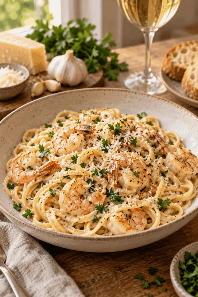 Creamy garlic shrimp pasta with Parmesan and parsley